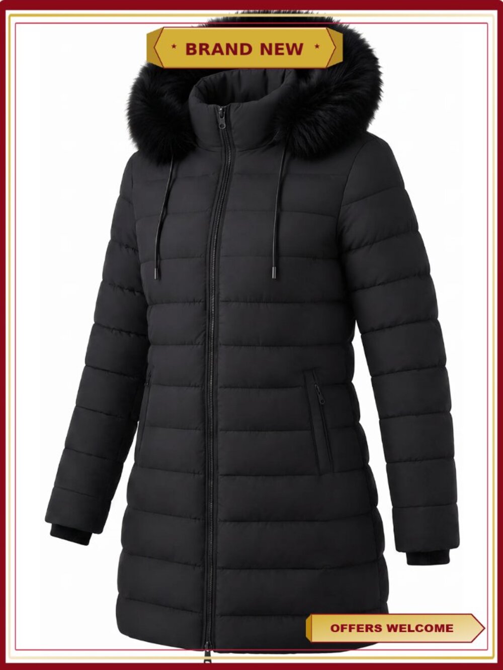 HVEOO Women's Long Quilted Puffer Winter Coat Jacket Faux Fur Hood XL